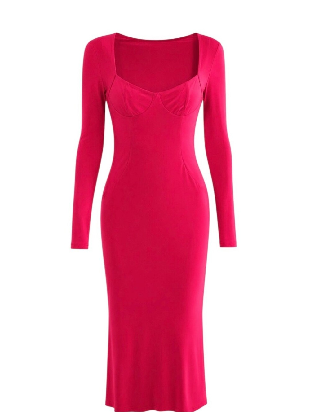 Commense Bodycon Dress Low Cut Square Neck Long Sleeve Midi Size L